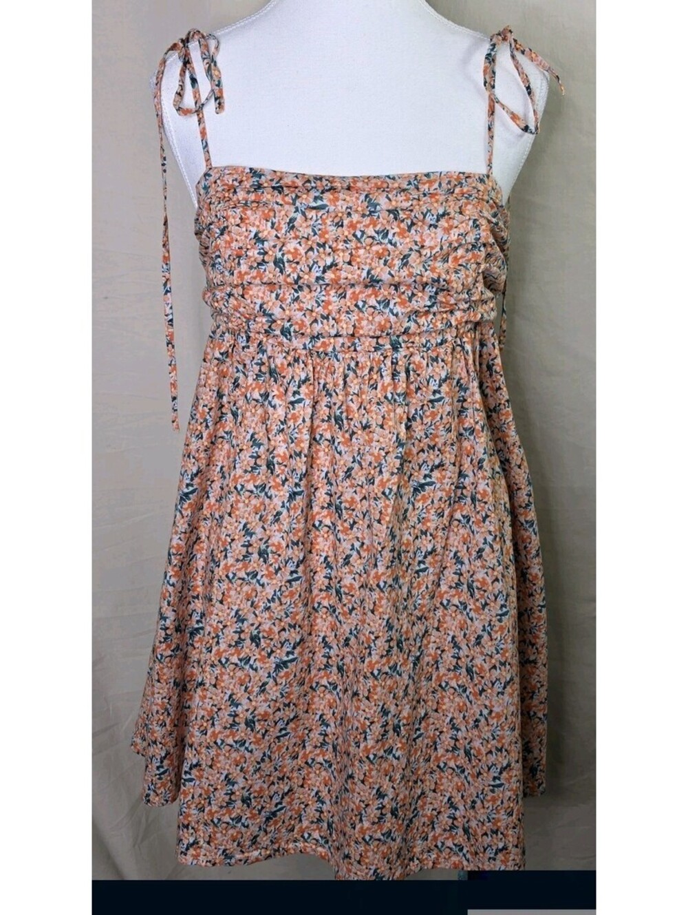 Lush Orange Ditsy Floral Ruched Tie Strap Sundress Size M